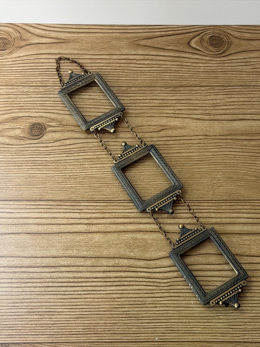 Ornate Antique Style Bronze Toned Metal Hanging Three-Tier Chain Link Frames